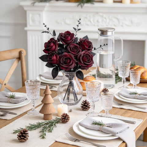 Artificial Silk Roses, 24Pcs Black Burgundy Flowers, Handmade